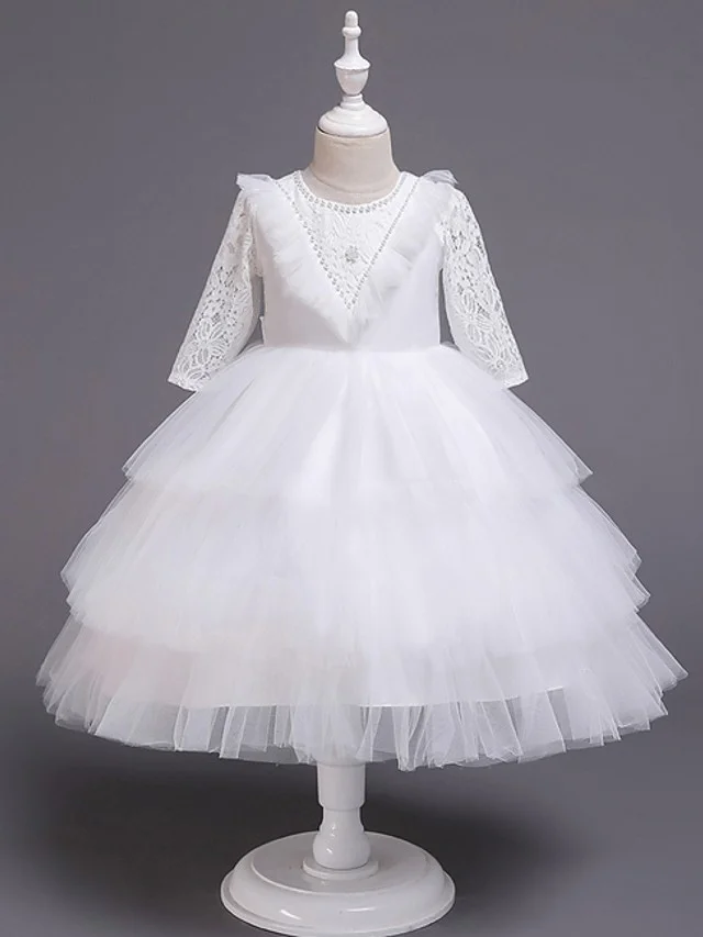 Daisda Princess  Long Sleeve Jewel Neck Ball Gown Knee Length Flower Girl Dresses Tulle With Bow Beading Embroidery