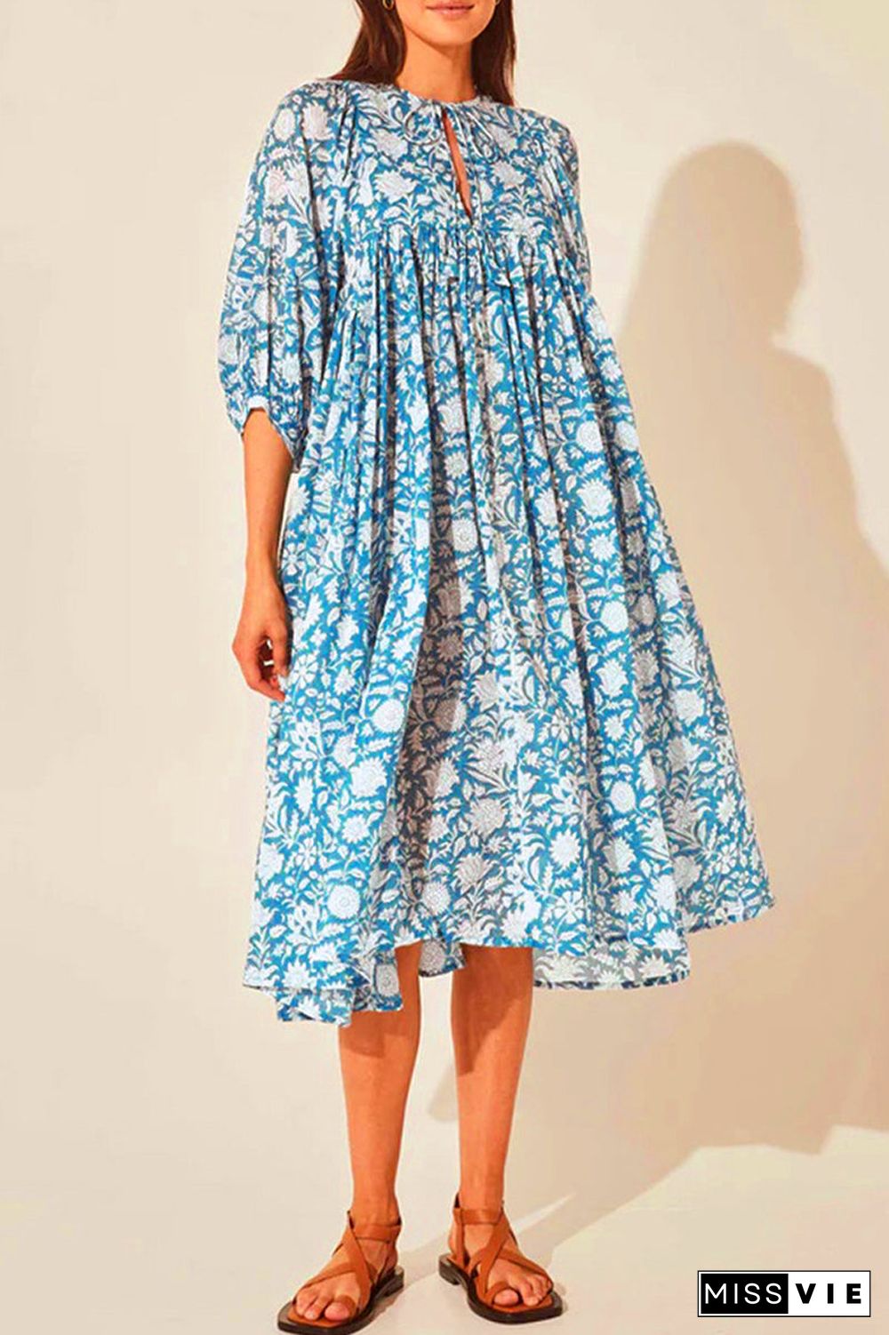 College Vacation Dress Floral Patchwork Frenulum Asymmetrical Collar Beach Dress