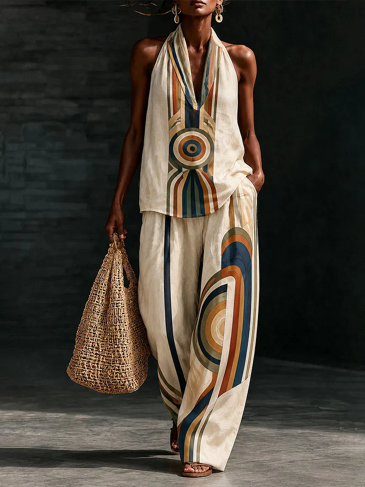 Women&rsquo;s Resort Vintage Geometric Print Halter Tank & Wide-Leg Pants Set