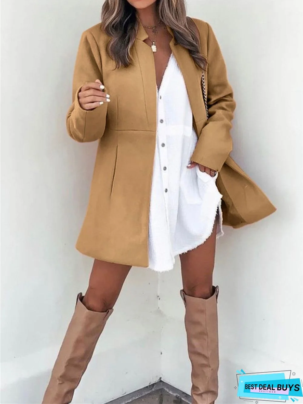 Solid Color Slim Long Sleeve Pocket Ladies Coat