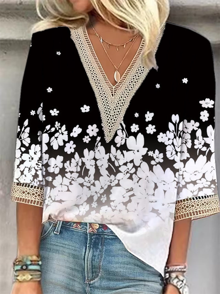 Women Long Sleeve V-neck Graphic Floral Printed Top