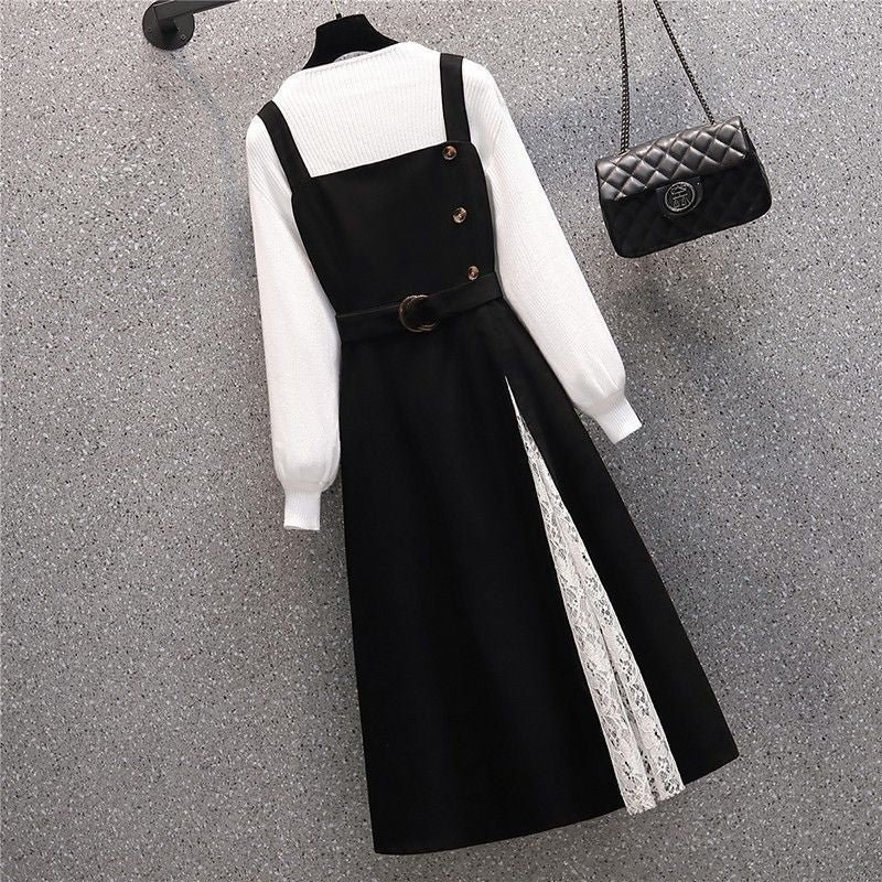 Autumn Large Size Women's Clothing Slightly Fat Sister Western Style Slimming Youthful-looking Knitted Sweater Suspender Skirt Two Slip Dresses
