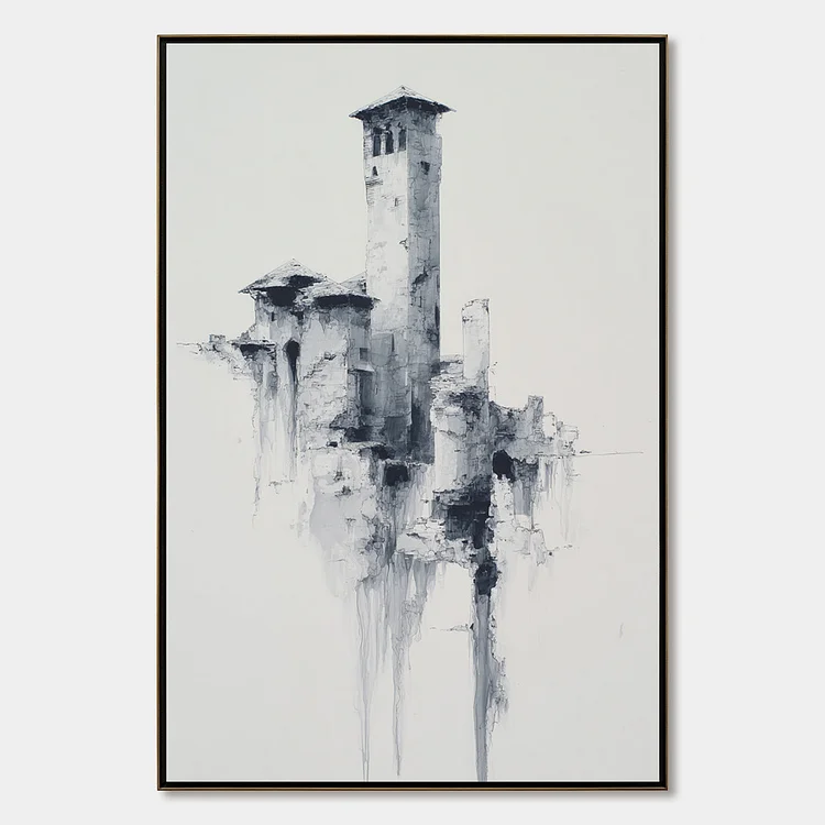 ETHEREAL CITADEL: Minimalist Monochrome Architectural Painting（Canvas painting）