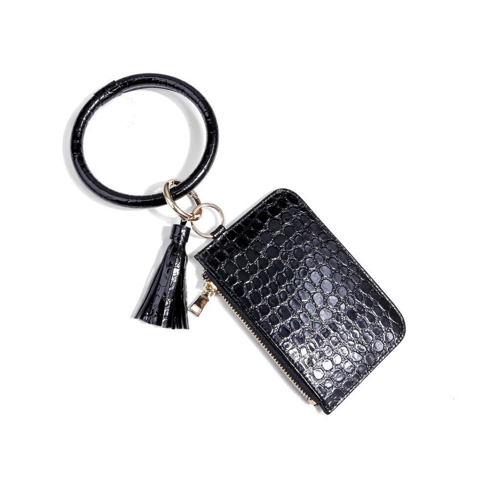 PURDORED 1 Pc Women Leaf Pattern Wrist Card Case Pu Leather Leopard Bracelet Bank Card Case Coin Purse Bracelet Key Chain Ring