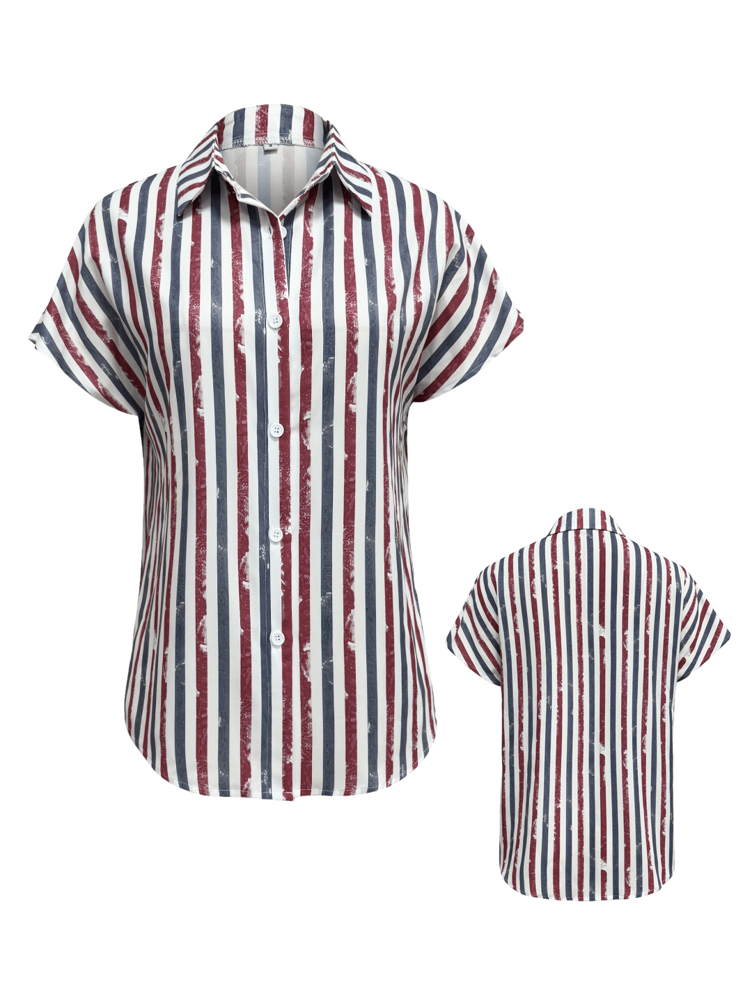 Women's Elegant Striped Batwing Sleeve Shirt, Polyester 100%, Summer Short Sleeve With Lapel Collar, Regular Fit, Single Breasted Placket, Woven Fabric, 104 Gsm - Mature Occasion | IFYHOME