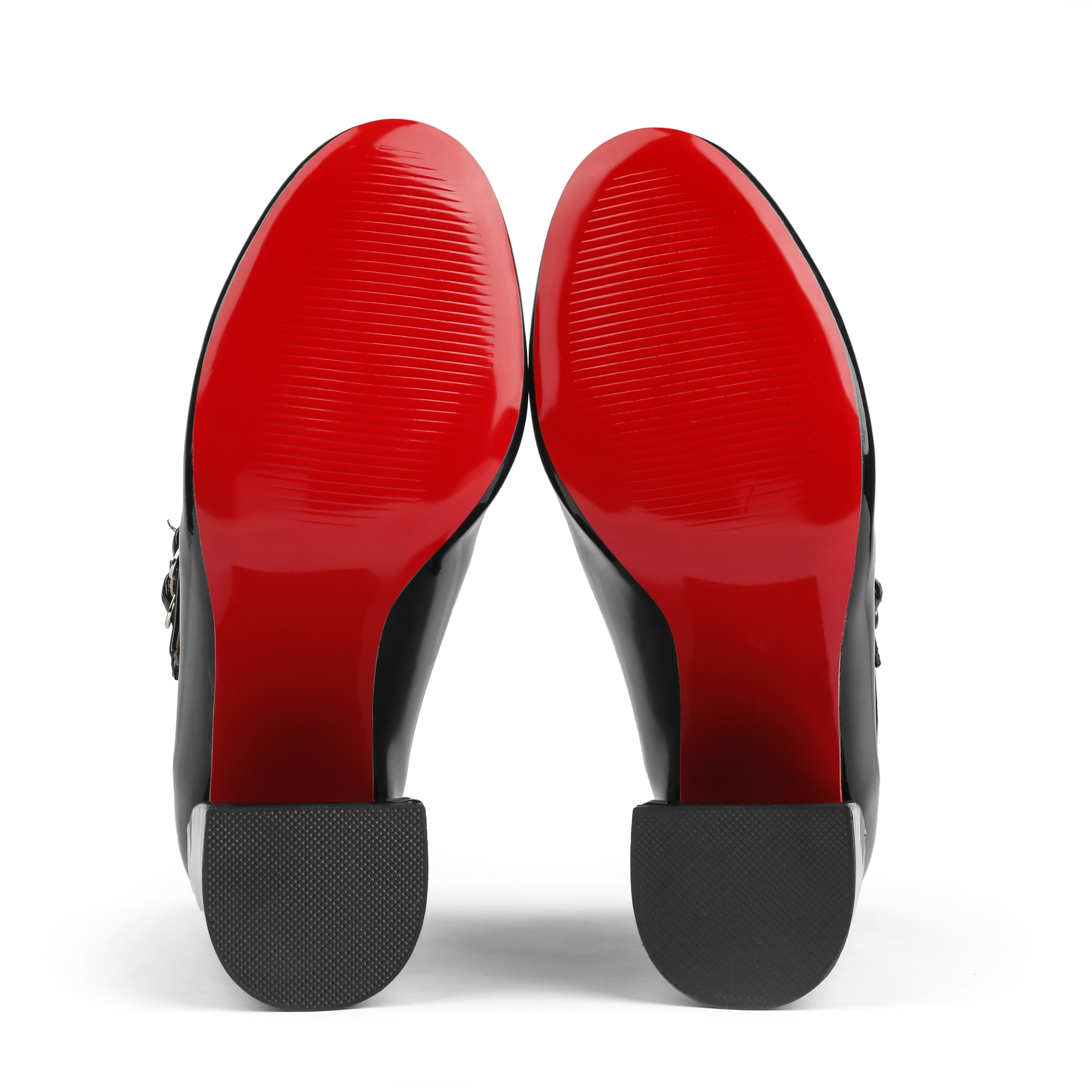 85mm Women's Chunky Heels Red Bottom Shoes Comfortable Miss Jane Block Heel Patent Pumps-MERUMOTE