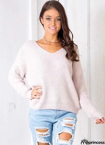 V Neck Solid Color Long Sleeve Knit Sweater