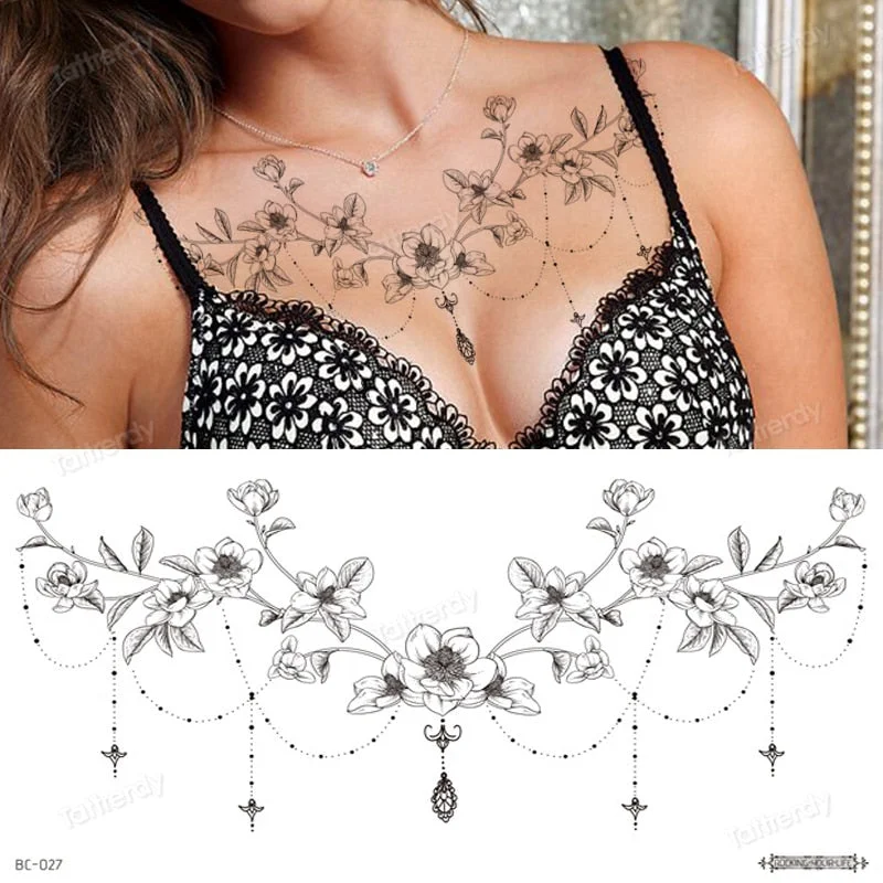 sexy tattoo sticker women lace Amazing Temporary Tattoos jewel black fake henna tattoo breast underboob body art flowers rose