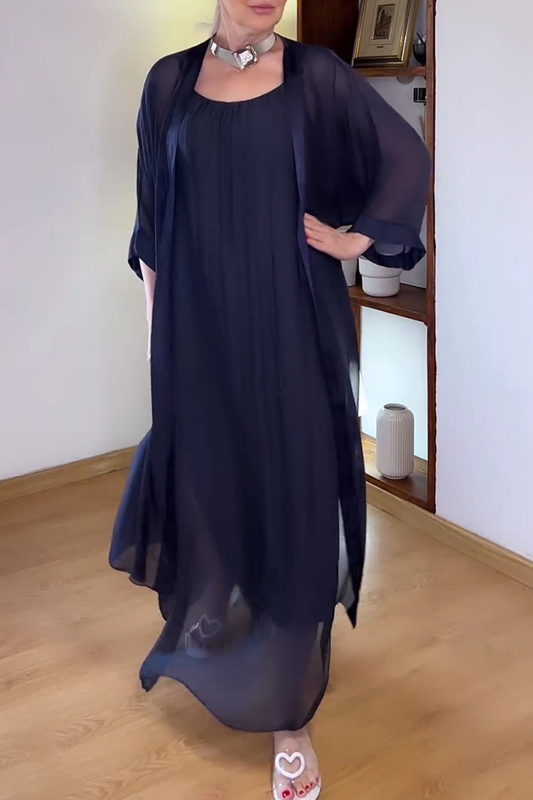 Ruched Sleeveless Maxi Dresses Long Cardigan Chiffon Matching Set [Pre Order]