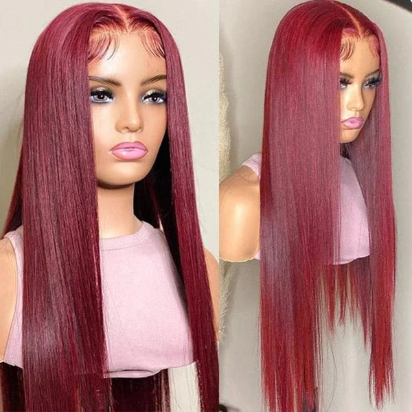 99J Bone Straight Lace Frontal Human Hair Wigs Pre Plucked Brazilian Burgundy Virgin Hair For Women