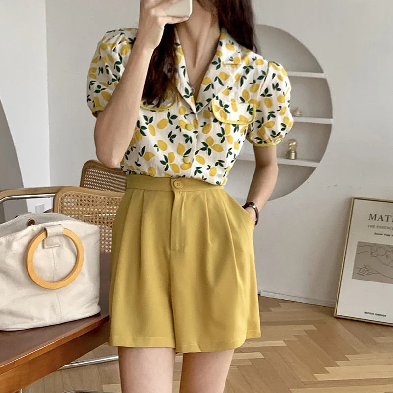 Uforever21 Two Piece Shorts Sets Retro Turn-Down Collar Floral Chiffon Shirt Top A-line Hakama Elastic Waist Wide Leg Shorts Suit