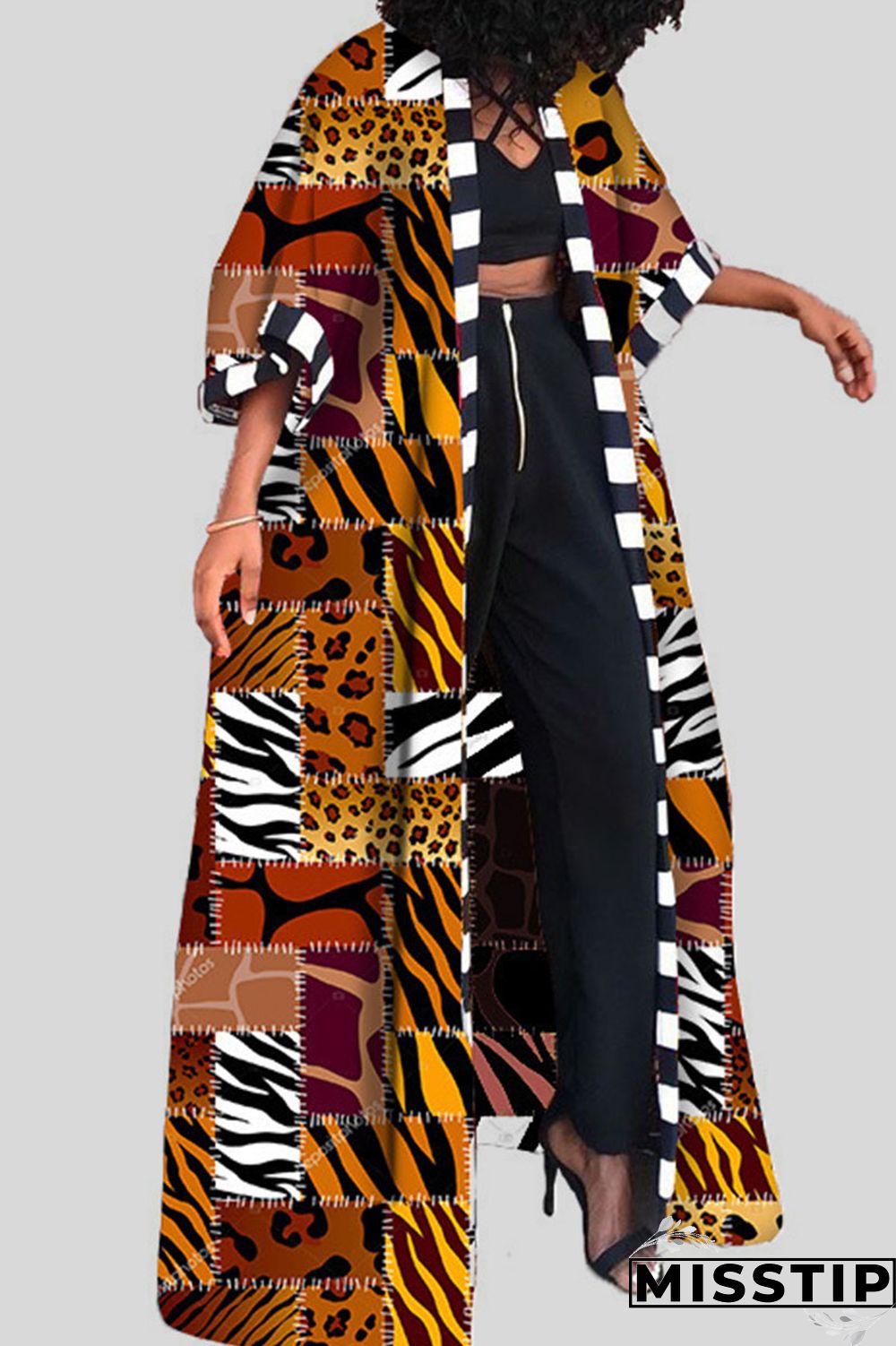 Dark Brown Fashion Street Print Patchwork Outerwear