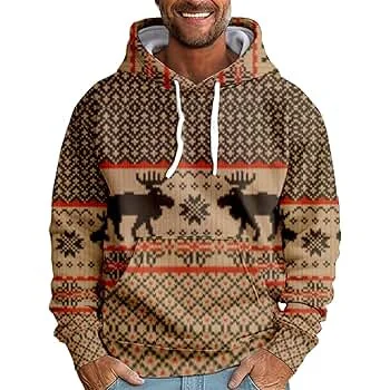 Men's Casual Sports Christmas Reindeer Series 3D Digital Printed Hooded Pullover