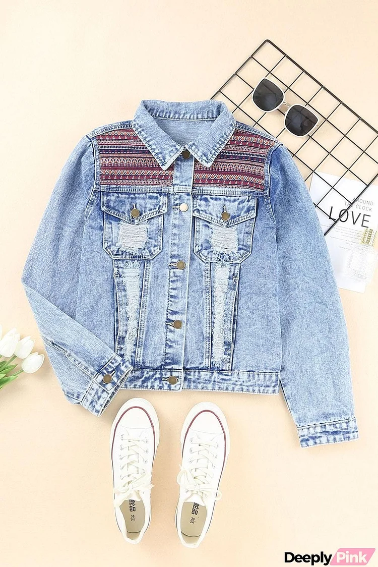 Printed Distressed Denim Jacket