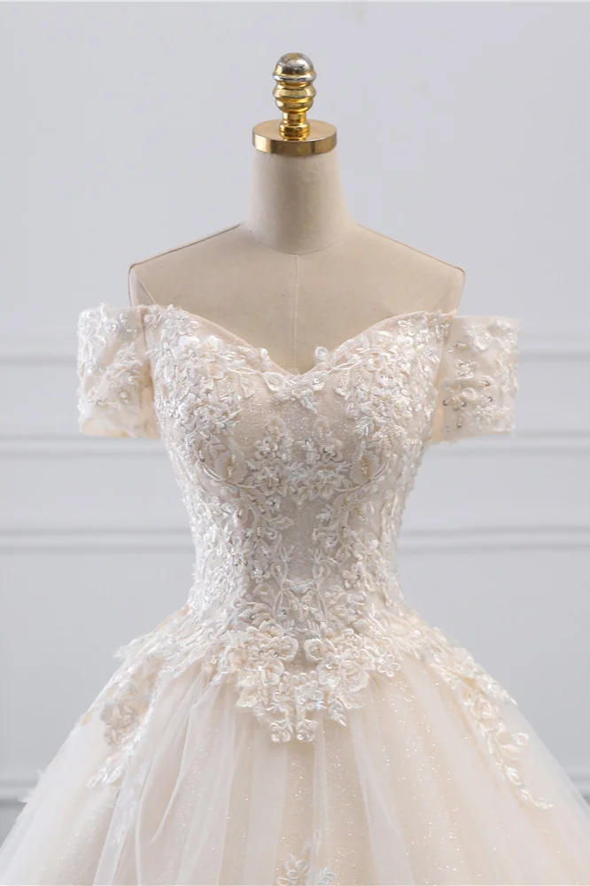 Long Princess Sweetheart Off-the-Shoulder Backless Appliques Lace Ruffles Tulle Wedding Dress main image 1