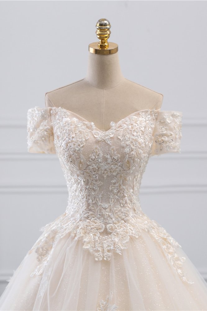 Elegant Lace Tulle Wedding Dress Off-The-Shoulder Long Sleeves main image 1