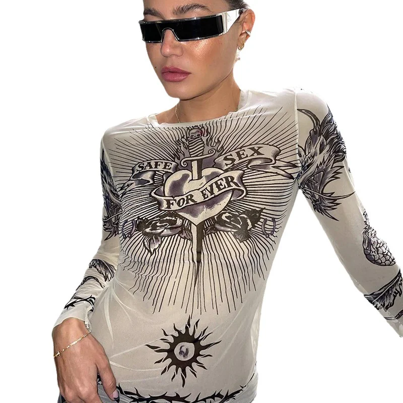 Churchf 2024 Autumn New Round-Neck Long-Sleeved Head Print Micro-Permeable Casual Women's Top