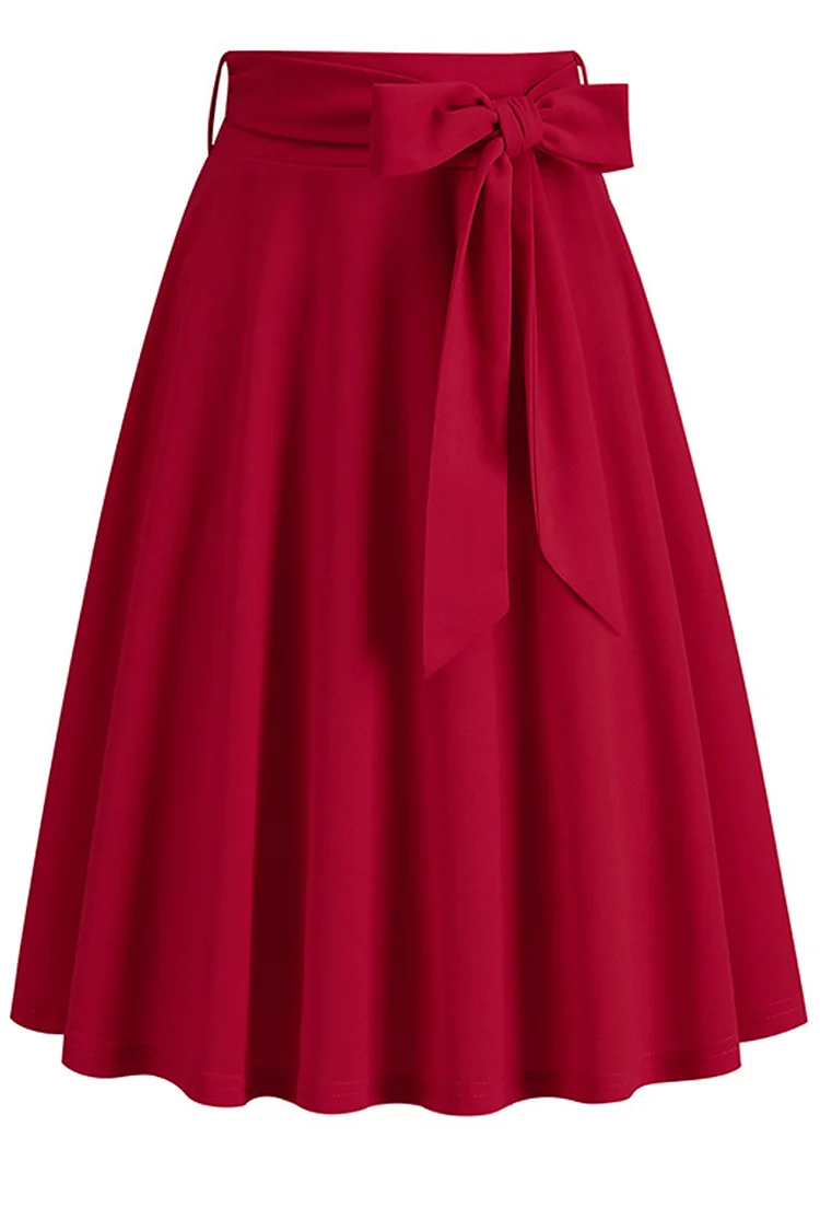 1950s Red Casual Solid Color With Pocket Bow Sash A-line Midi Skirt