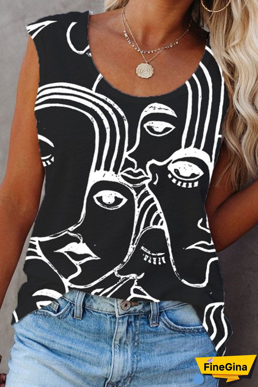 Abstract Print Round Neck Vest