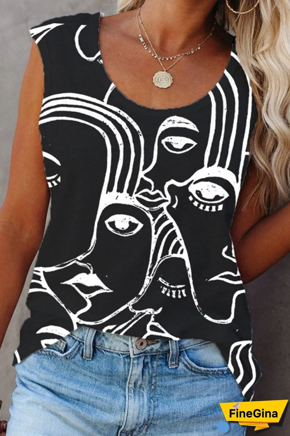 Abstract Print Round Neck Vest