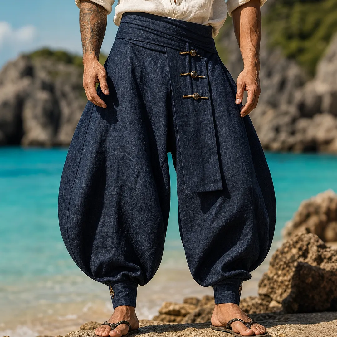 Linen-Blend Wide-Leg Lantern Pants &ndash; Breathable, High-Waisted Summer Trousers With Traditional Toggle Closure-INSPIREUSE
