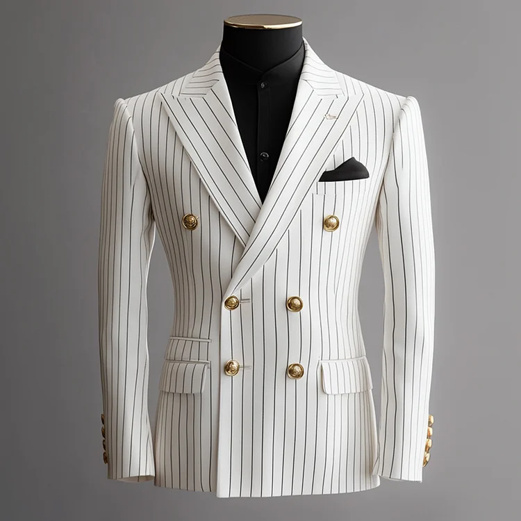 Okaywear Peak Lapel Double Breasted Chest Pocket Pinstripe Blazer 