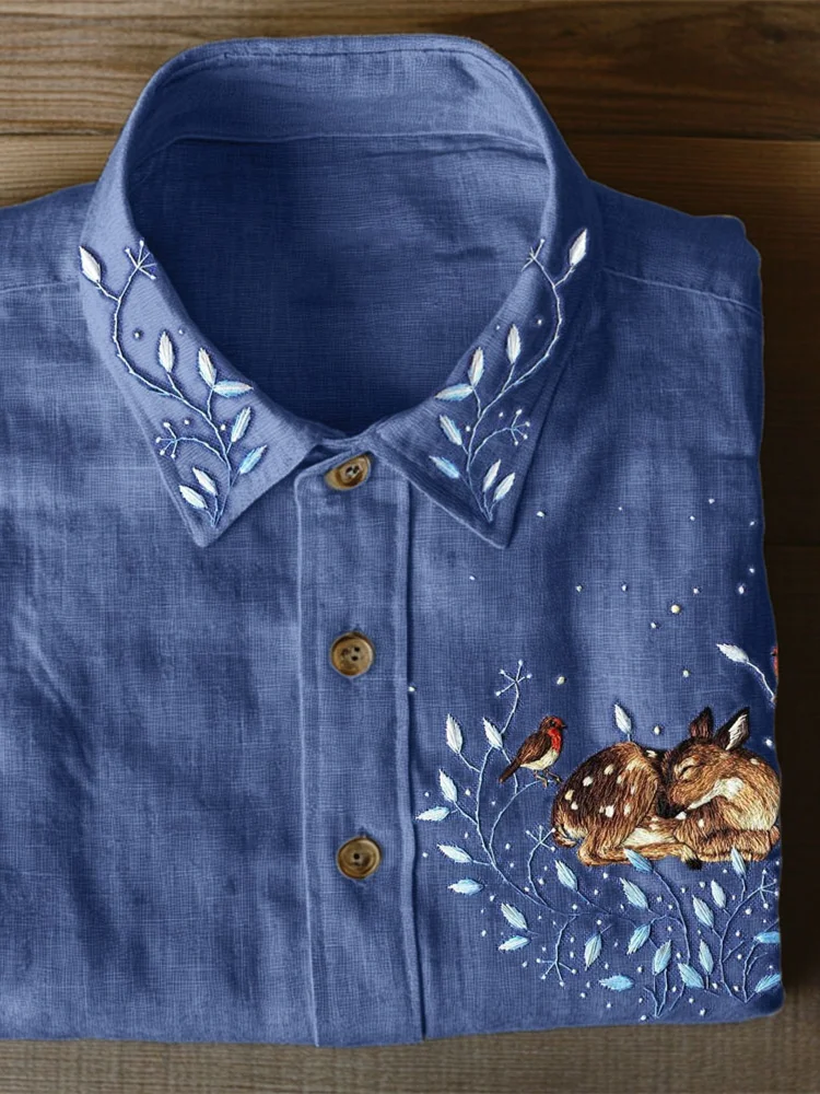 Lunivibe Sleeping Deer Forest Embroidered Linen Blend Blouse