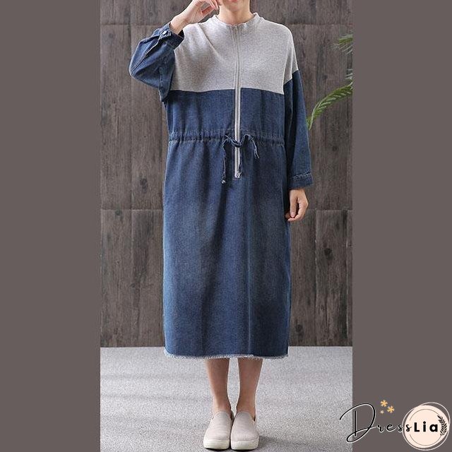 Women denim blue stand collar zippered oversized Dress