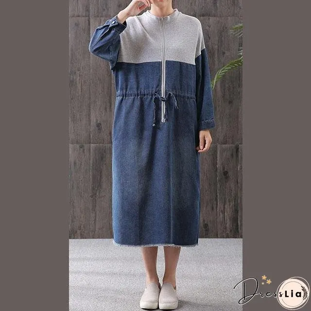 Women denim blue stand collar zippered oversized Dress