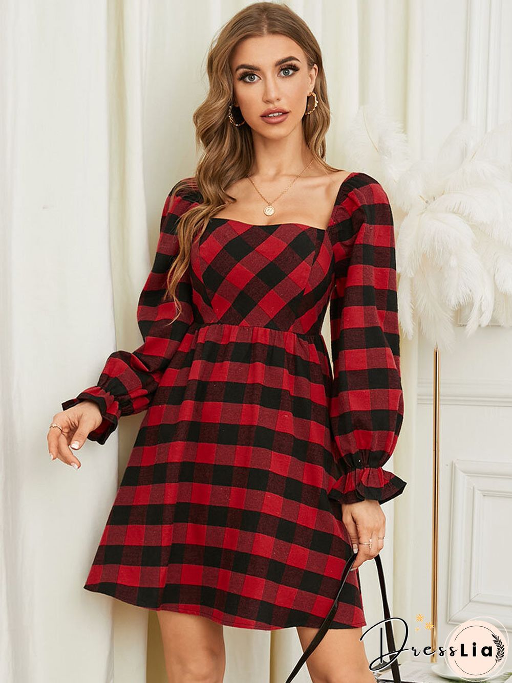 Check Print Square Collar Long Sleeve Dress Women