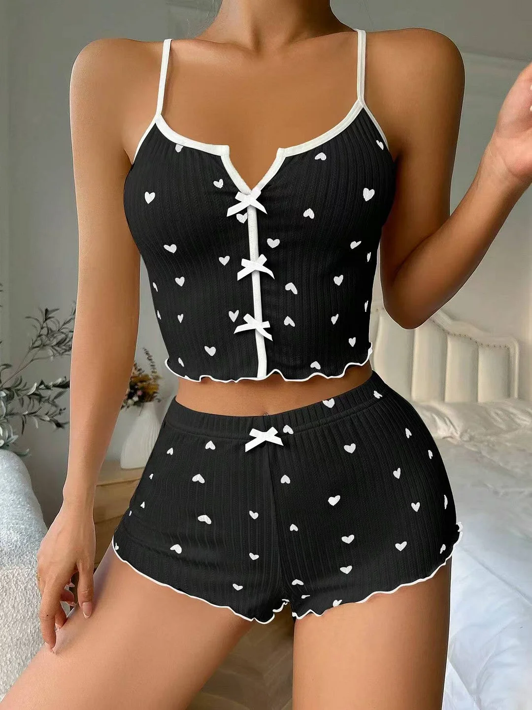 Uveng 2025 New Heart-Shaped Print Bump Color Home Clothes Front Laming Fork With Pajamas Set