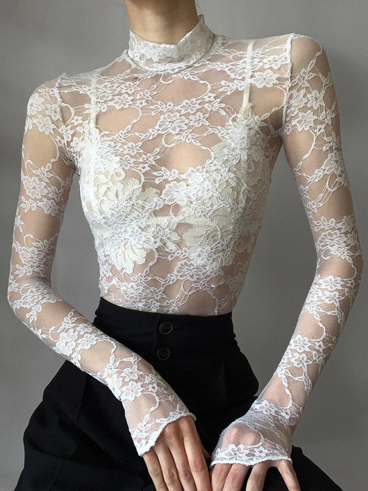Aiertu Basic Solid Lace T Shirt See Through Sexy Slim Turtleneck Long Sleeve Tees Women Spring Summer Elegant Fashion Lady Aiertu