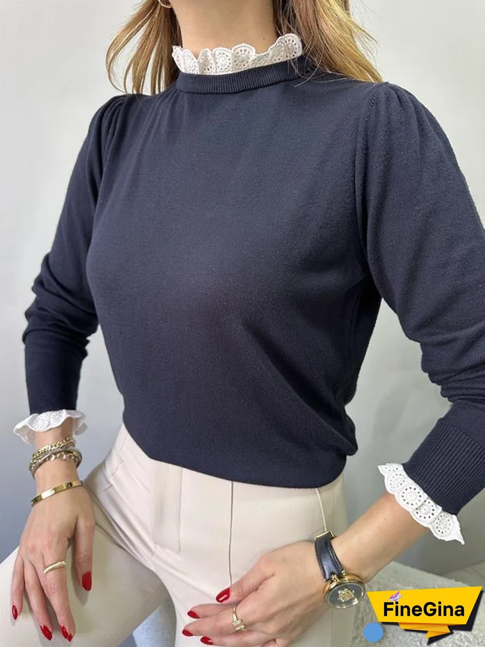 Dark Blue Plain Round Neck Sweater