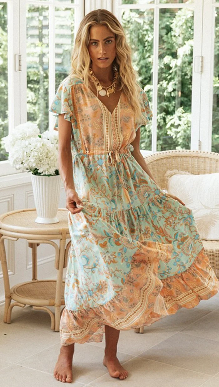 Bohemian Holiday Dress Positioning Flower Single Breasted Dress | EGEMISS