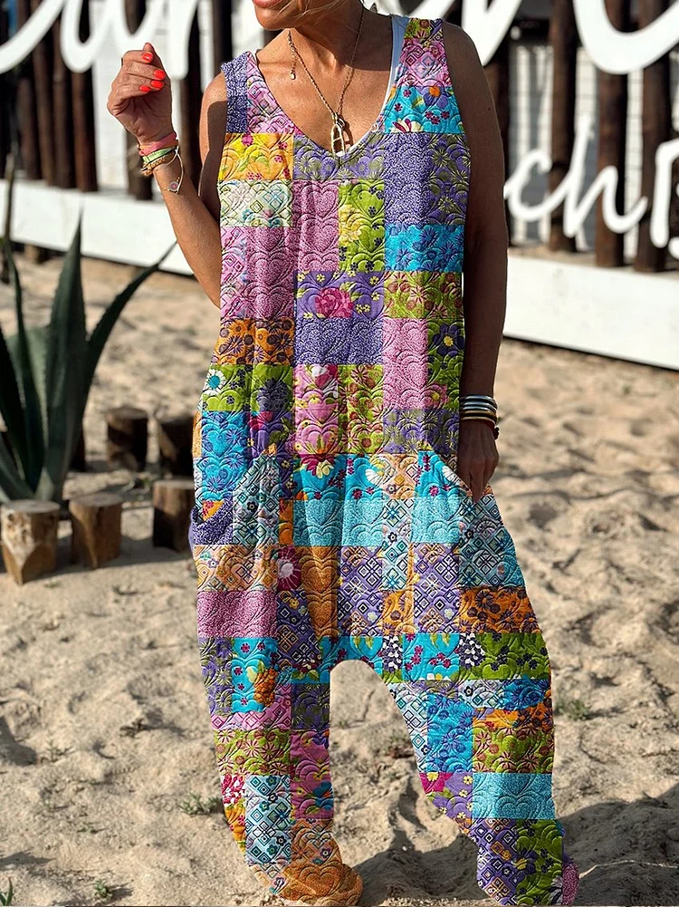 Floral Pattern Hippie Art Print Casual 100% Cotton Wide Leg Jumpsuit