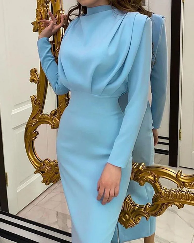 Pleated Solid Color Long Sleeve Dress