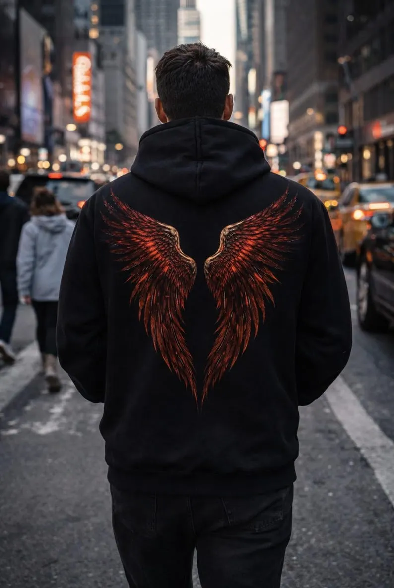 Dark Angel Wings Hoodie, Gothic Fallen Angel Back Print Sweatshirt, Alt Streetwear Apparel