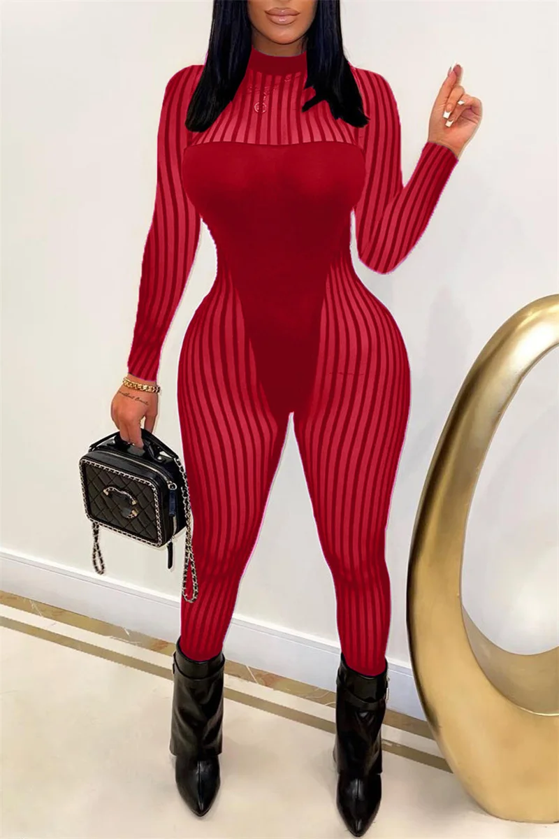 Red Fashion Sexy Striped Patchwork See-through Half A Turtleneck Skinny Jumpsuits | EGEMISS