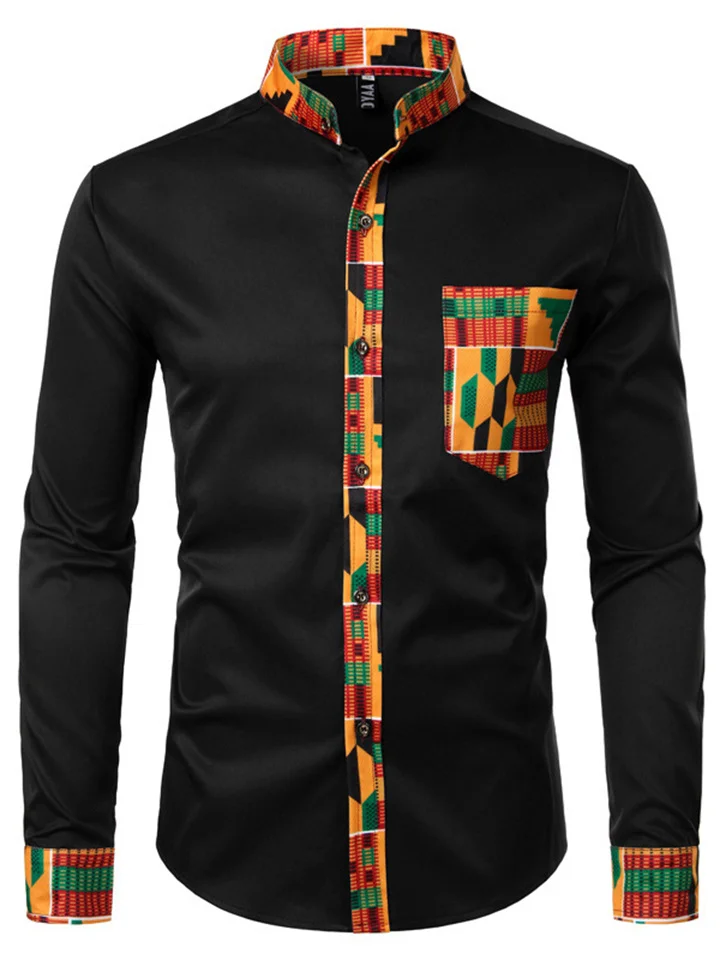 Men's New Lapel Long-sleeved Cardigan Shirt Fashion Casual Printed Shirt Men Splicing Color Collision-Cosfine