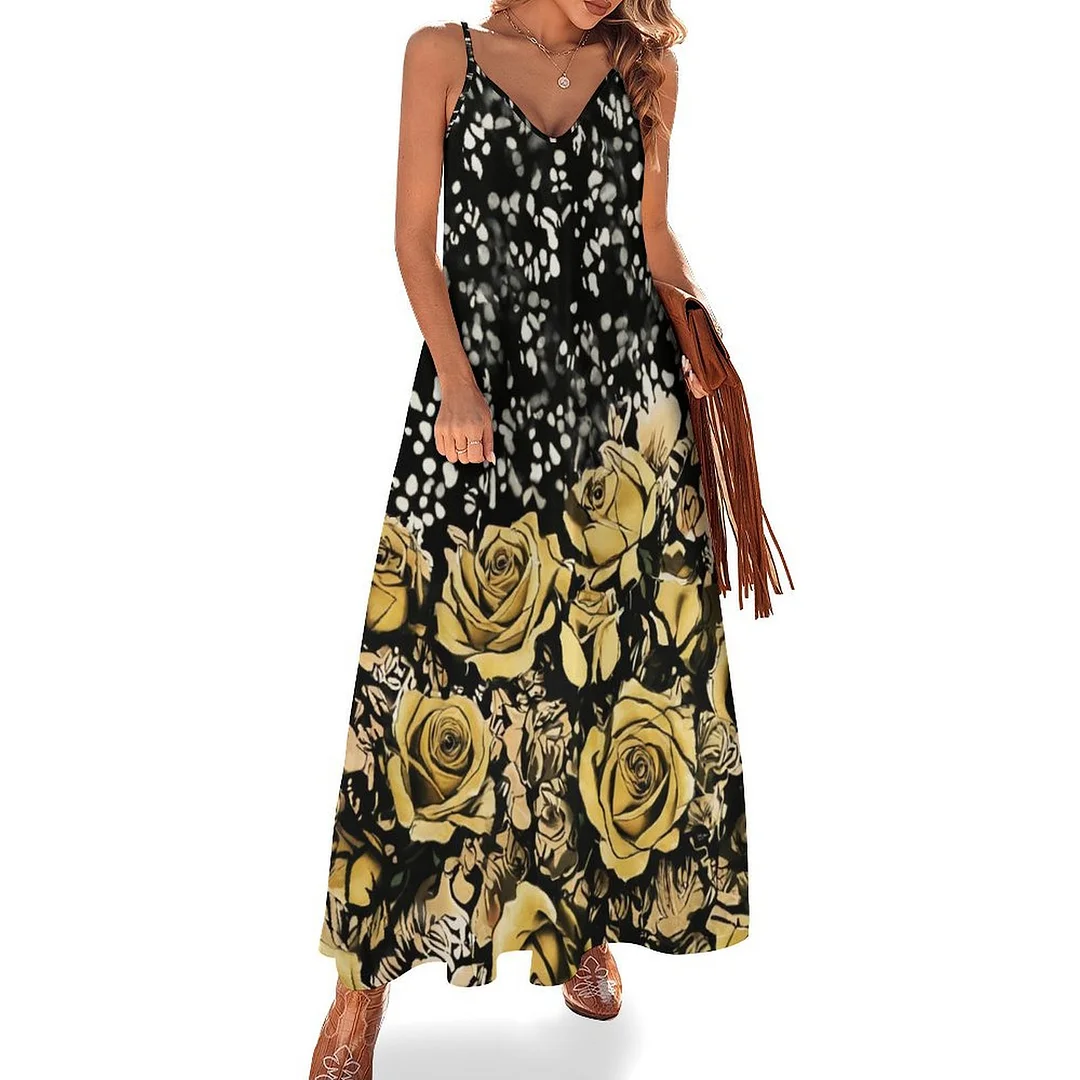 Style & Comfort for Mature Women Plus Size Printed Sling Casual Women Maxi Dress in Pattern Khaki, Rose, Polka Dot, Black