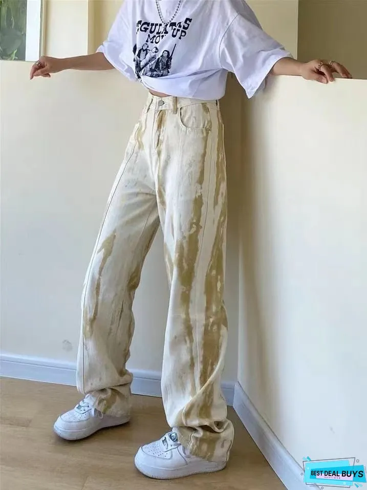 Back To School Outfits Streetwear Women Jeans High Waist Straight Wide Leg Pants Vintage Tie Dye Distressed Pockets Denim Pants Mujer