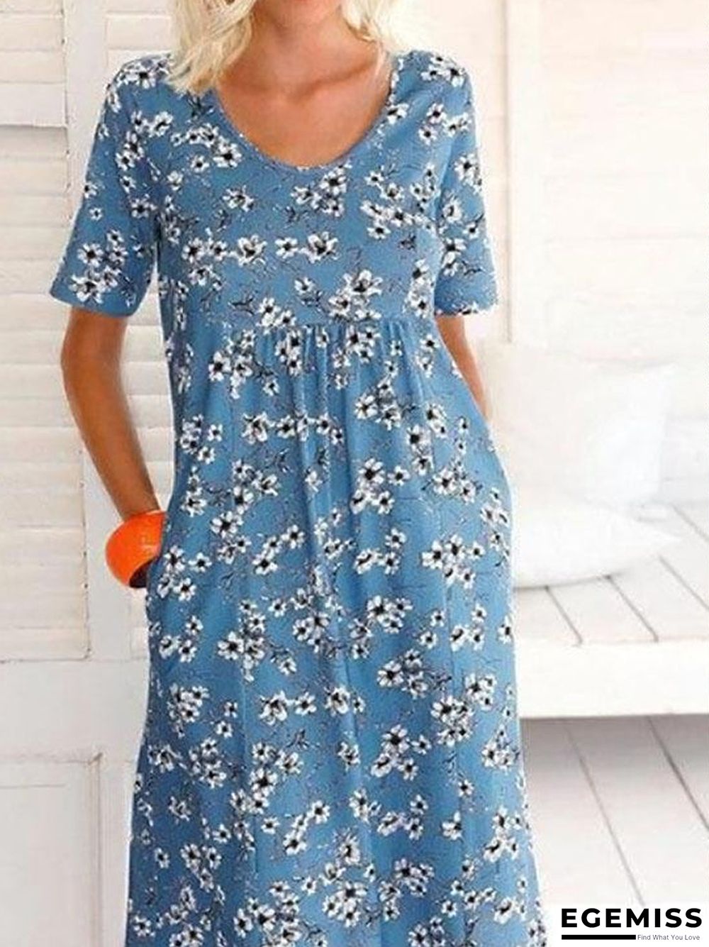 Casual Floral Print Paneled Pockets Short Sleeves Midi Dress | EGEMISS