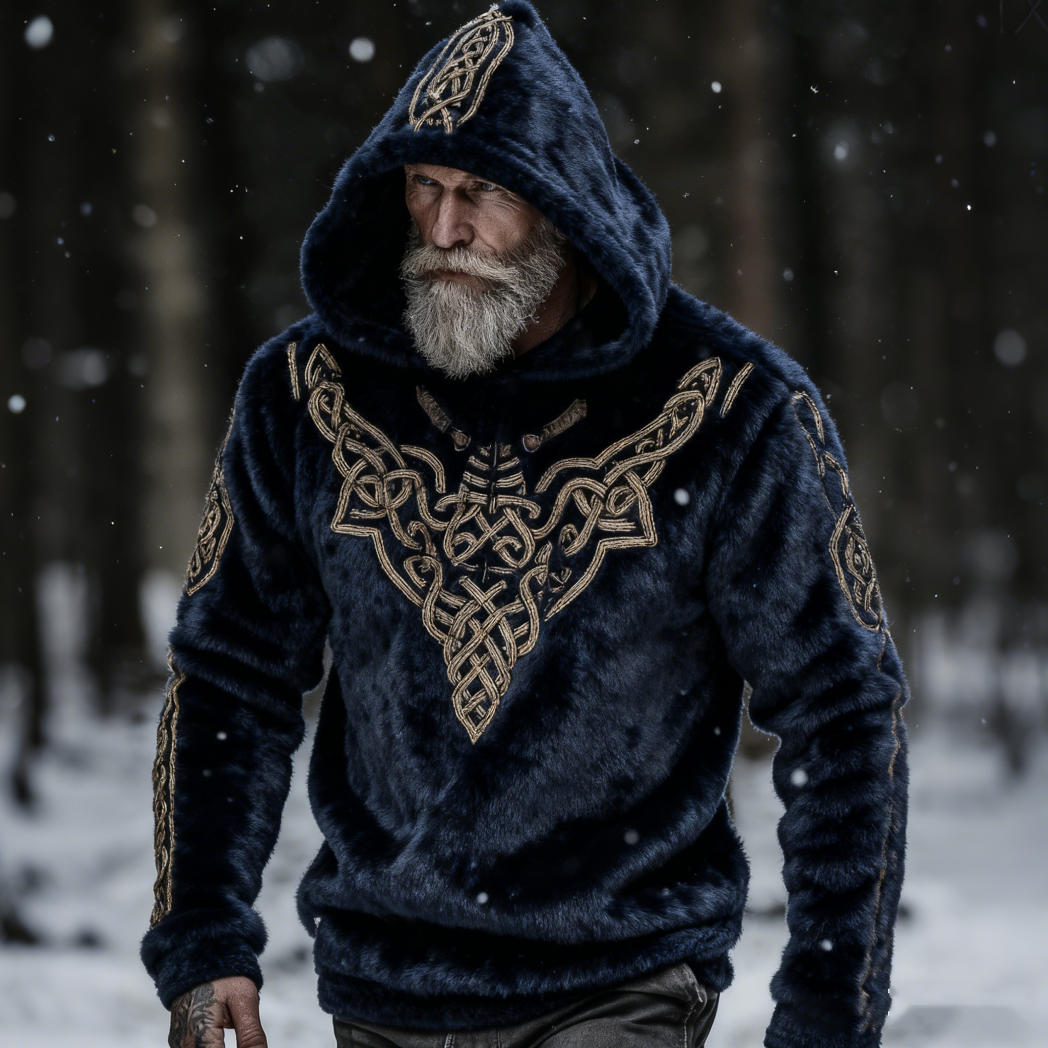 Men's Vintage Viking Tribal Jacquard Celtic Inspired Art Cozy Flannel Hoodie elevenforest
