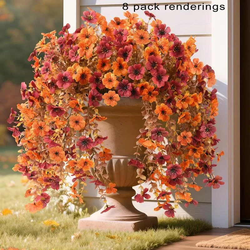 8 Pack Artificial Hanging Plants, UV Resistant Silk Violet Flowers with Eucalyptus Leaves, Outdoor Garden Decor, Realistic Faux Plants