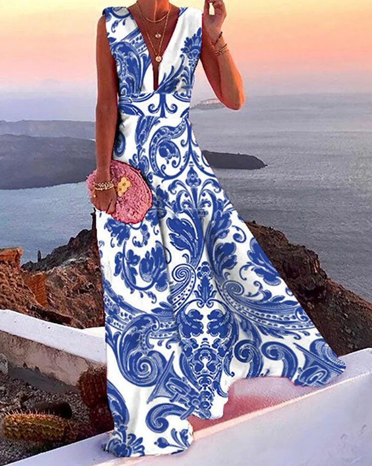 printed sleeveless dress floor-length dress
