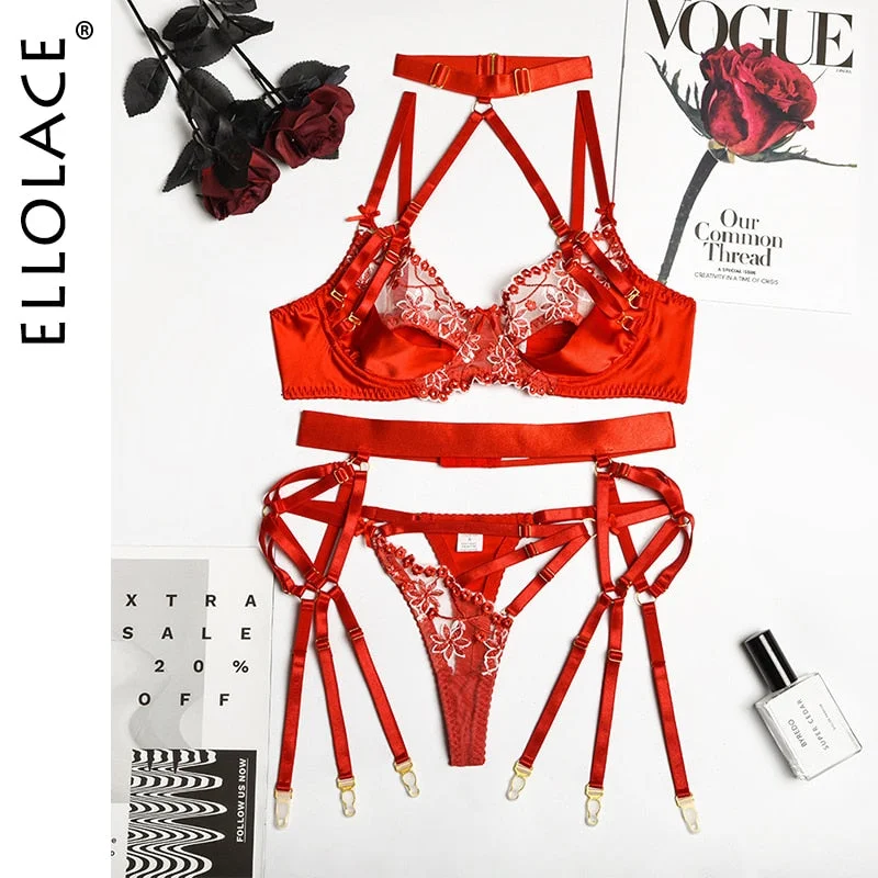 Ellolace Sensual Lingerie Erotic Halter Transparent Hollow Out Underwear Underwire Bra Lace Embroidery Bandage Exotic Sets