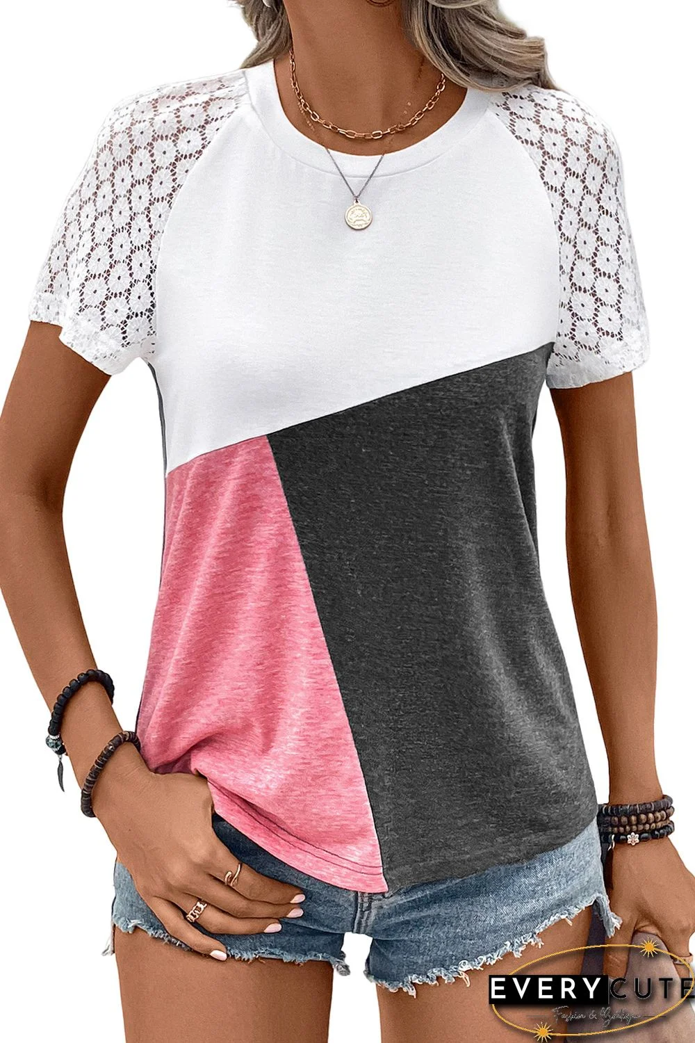 Multicolor Color Block Lace Patchwork Short Sleeve T Shirt