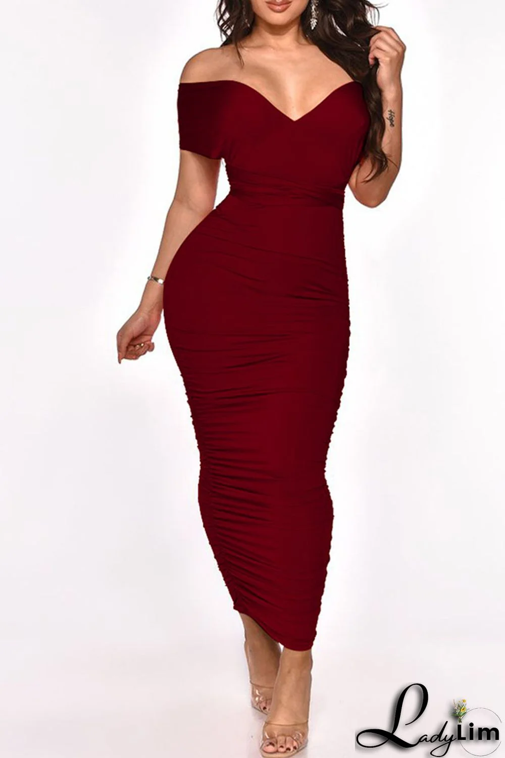 Burgundy Sexy Solid Split Joint Frenulum Fold Asymmetrical One Step Skirt Dresses