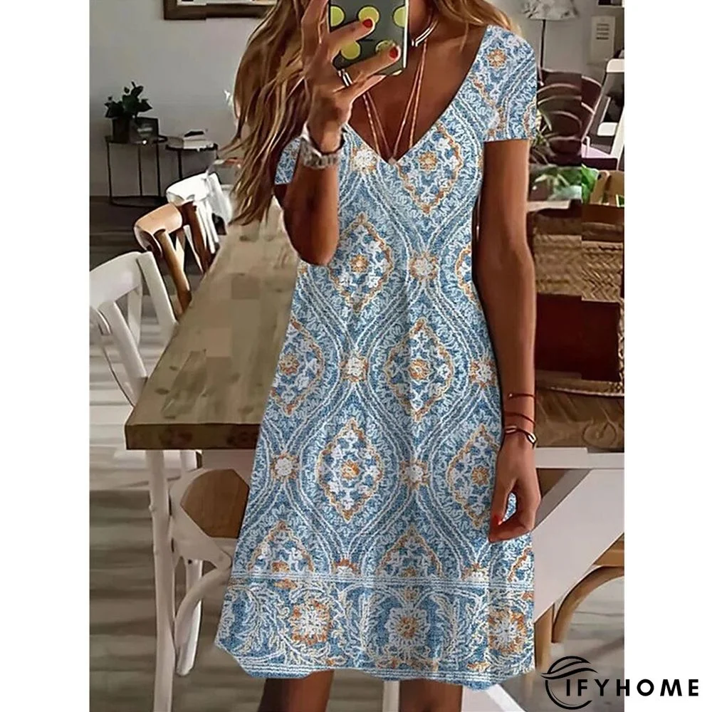 Women's Casual Dress Summer Dress Print Dress Floral Geometric Print V Neck Mini Dress Basic Fashion Outdoor Daily Short Sleeve Regular Fit White Blue Green Spring Summer S M L XL XXL | IFYHOME