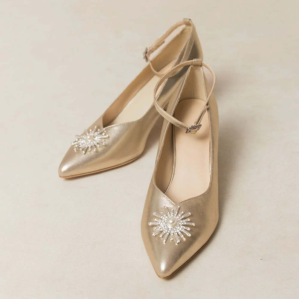 Gold Metallic Finish Pointed Toe Rhinestone Ankle Strap Pumps Heels